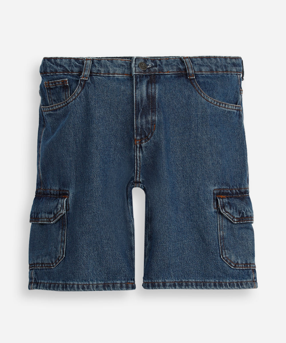 bermuda cargo infantil jeans cós com elástico azul