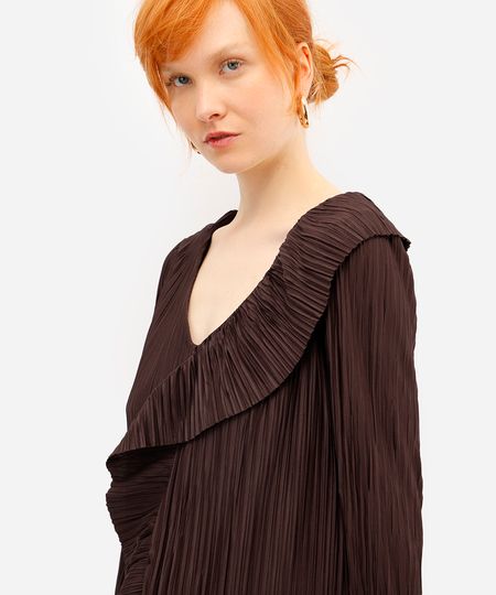 blusa feminina decote v manga longa plissada marrom P blusa feminina decote v manga longa plissada marrom P