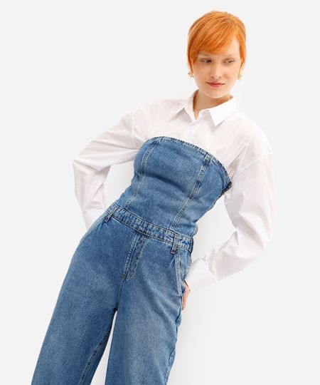 macacão feminino jeans sem alça azul G