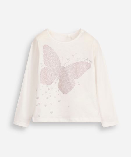blusa de algodão infantil manga longa borboleta off white 6