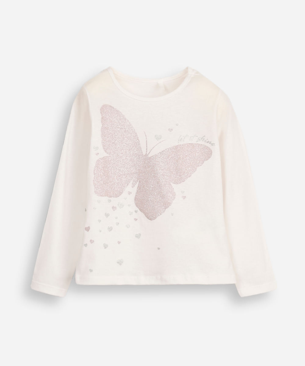 blusa de algodão infantil manga longa borboleta off white