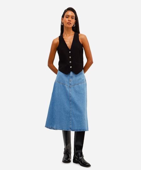 saia midi evasê feminina jeans com recortes azul 38