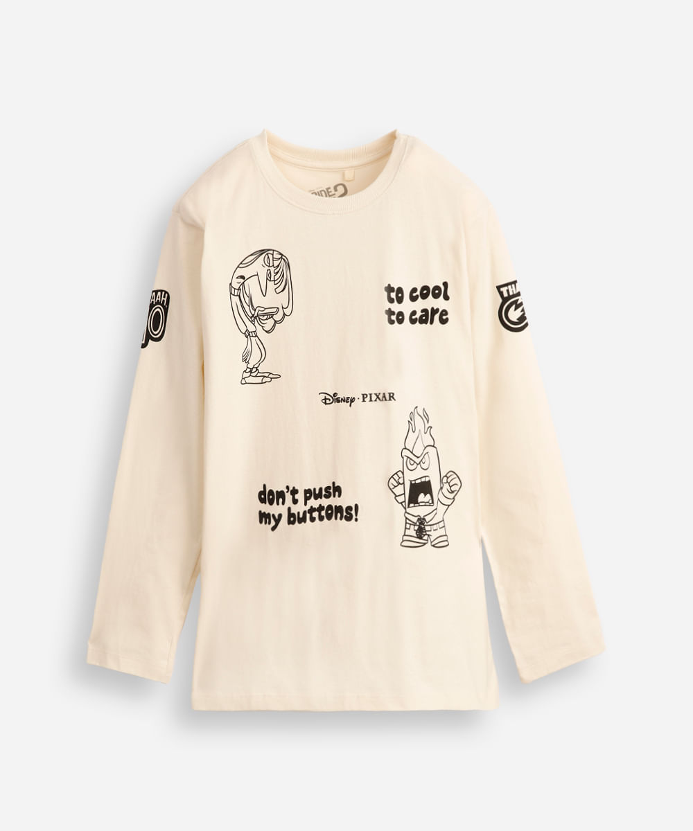 blusa de algodão infantil manga longa divertida mente bege