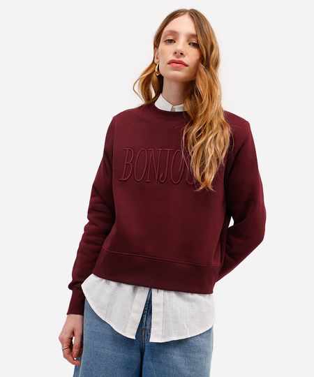 blusão feminino de moletom felpado cropped bonjour vinho P