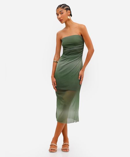 vestido midi feminino de tule com franzido degradê verde PP