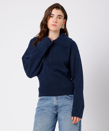 suéter feminino de tricot com gola texturizado mindset azul M
