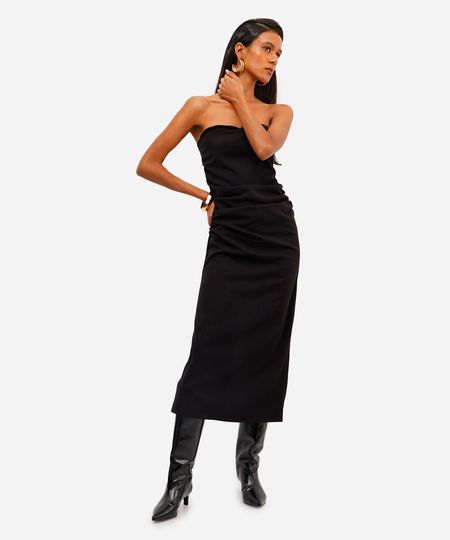 vestido midi feminino sem alça franzido preto P
