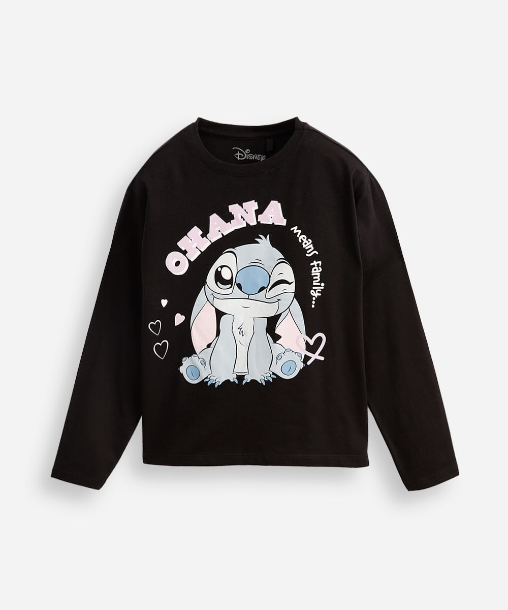 blusa de algodão infantil manga longa stitch preta