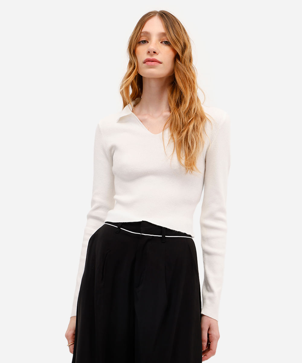 polo básica feminina de tricot manga longa off white