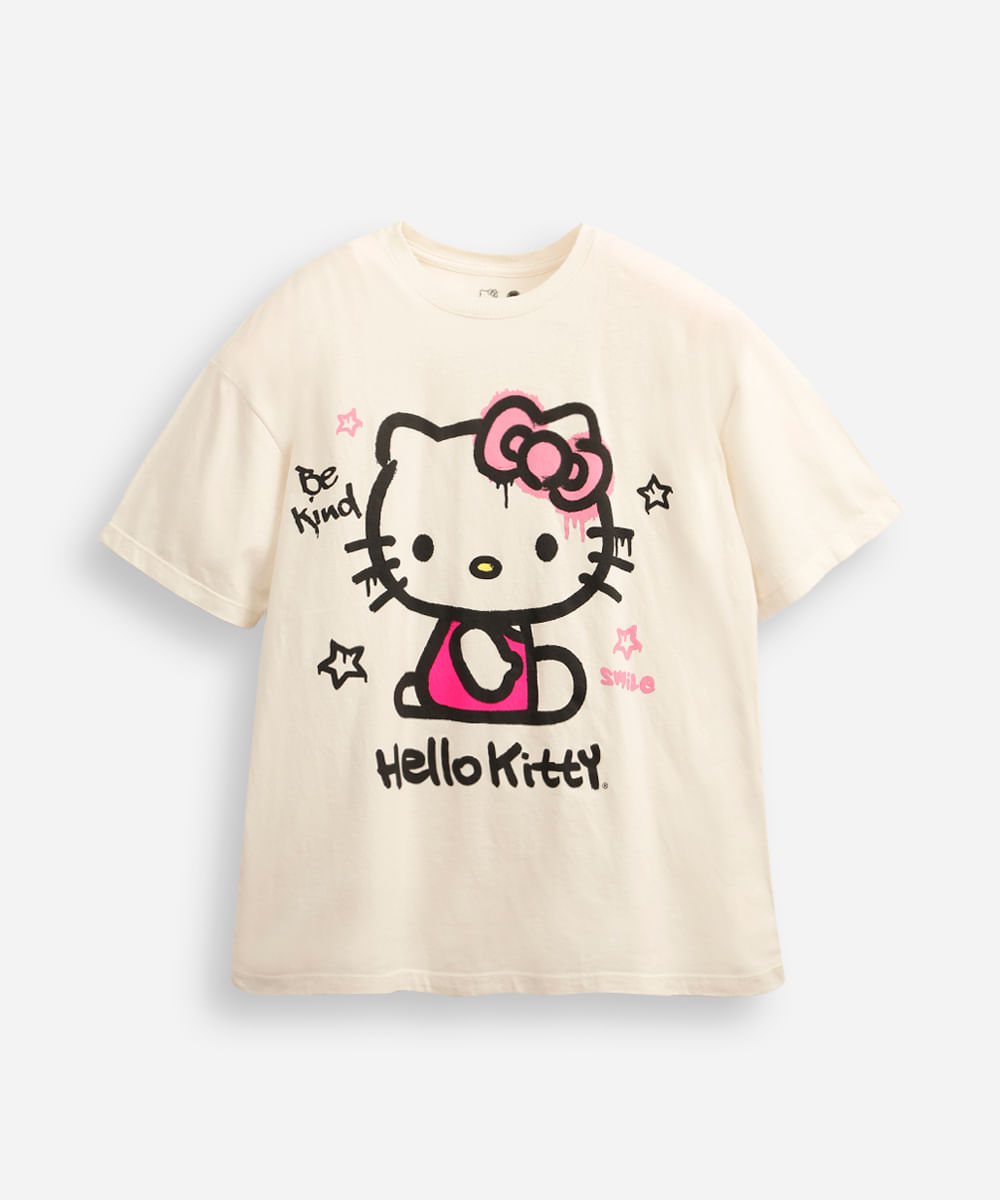 camiseta de algodão juvenil manga curta hello kitty bege