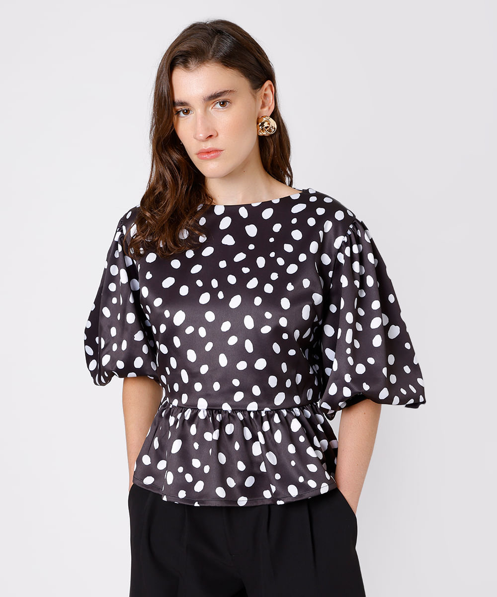 blusa feminina acetinada manga bufante poá mindset preta