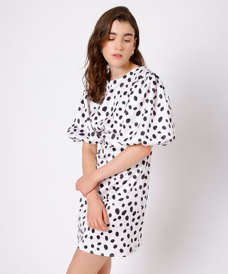 vestido curto feminino acetinado manga bufante poá mindset off white PP vestido curto feminino acetinado manga bufante poá mindset off white PP