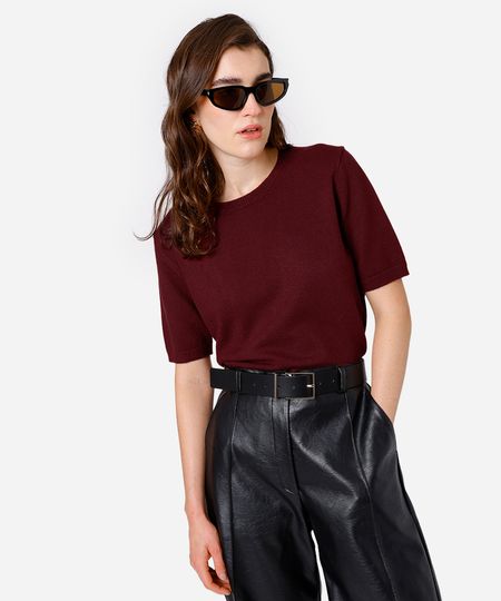 blusa feminina de tricot manga curta mindset vinho GG