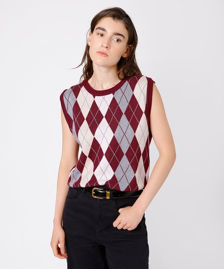 colete feminino de tricot xadrez argyle mindset vinho PP