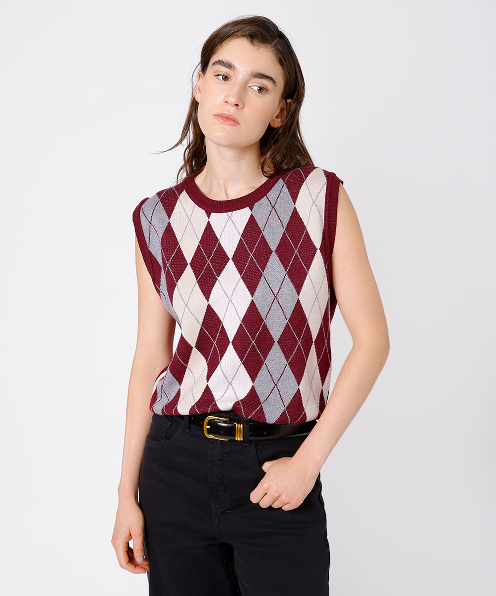 colete feminino de tricot xadrez argyle mindset vinho