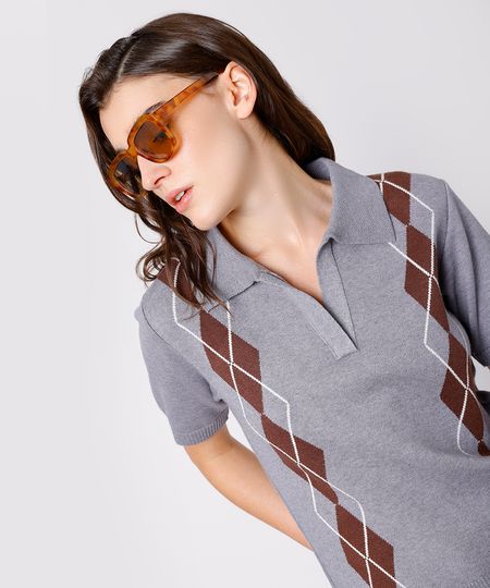 polo feminina de tricot xadrez argyle mindset cinza PP polo feminina de tricot xadrez argyle mindset cinza PP