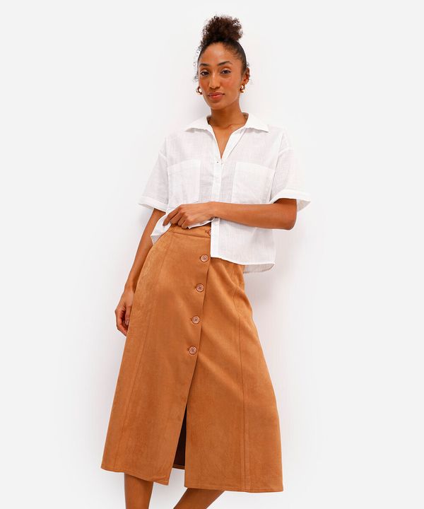 saia midi feminina de suede com fenda bege 44