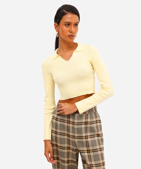 polo básica feminina de tricot manga longa amarela M