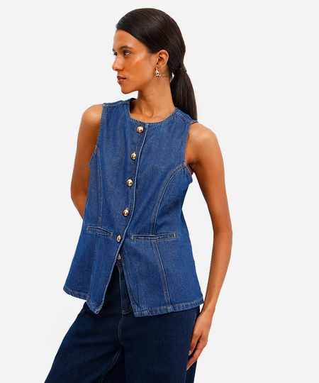colete feminino jeans acinturado azul PP