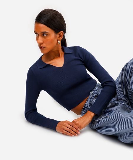 polo básica feminina de tricot manga longa azul P