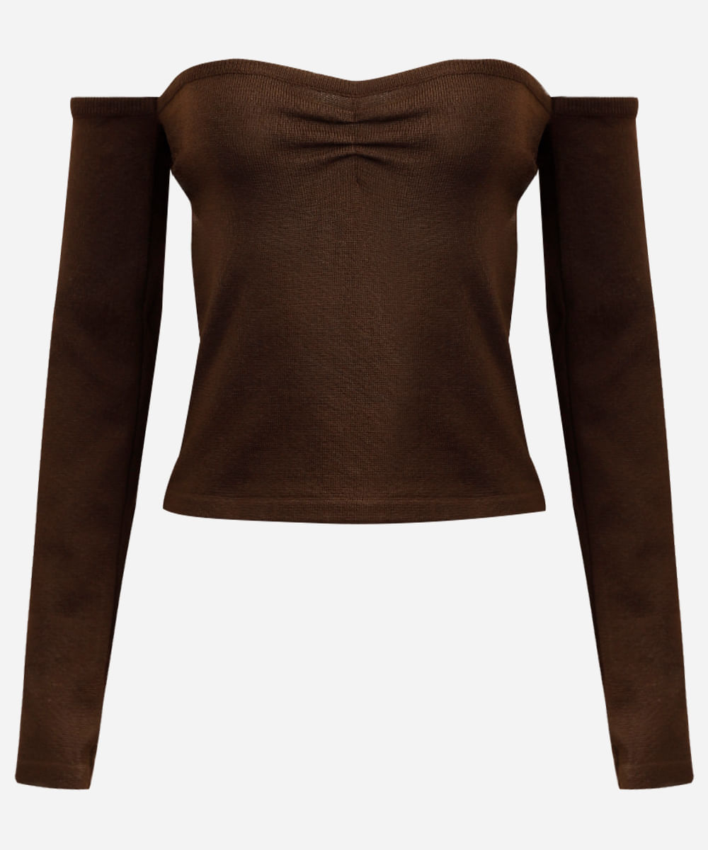 cropped de tricot juvenil ombro a ombro marrom