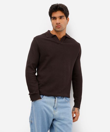 polo masculina de tricot manga longa marrom GG polo masculina de tricot manga longa marrom GG