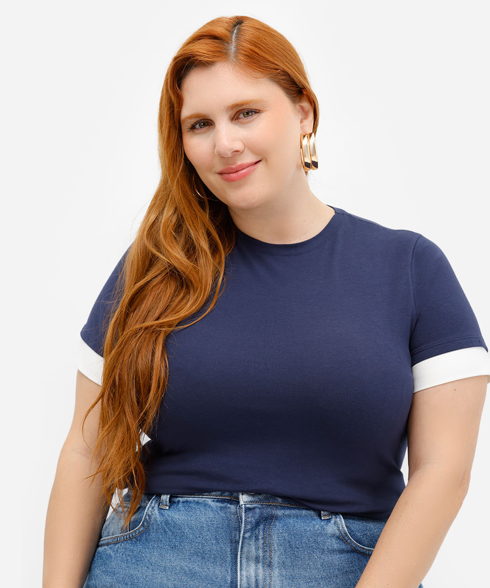 camiseta de algodão bicolor mindset plus size azul