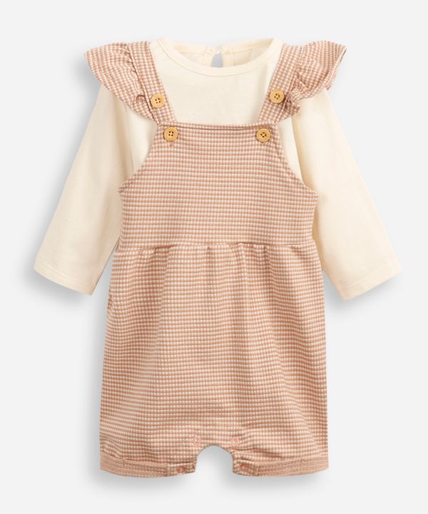 jardineira infantil jacquard com babados bege 12-18