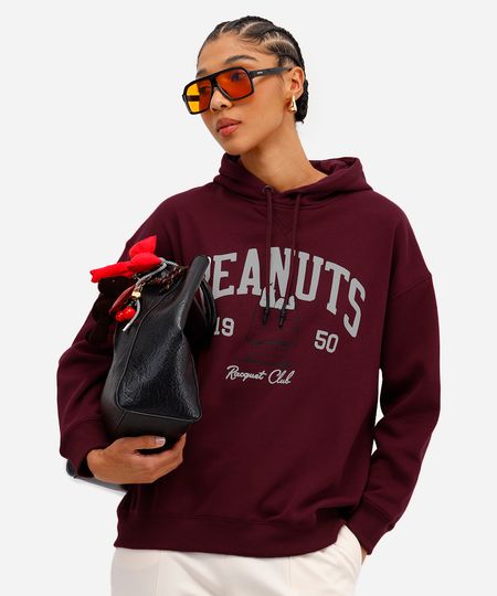 blusão feminino de moletom felpado com capuz snoopy vinho M