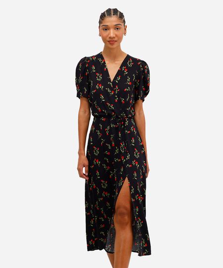 vestido midi de viscose com fenda floral preto PP vestido midi de viscose com fenda floral preto PP
