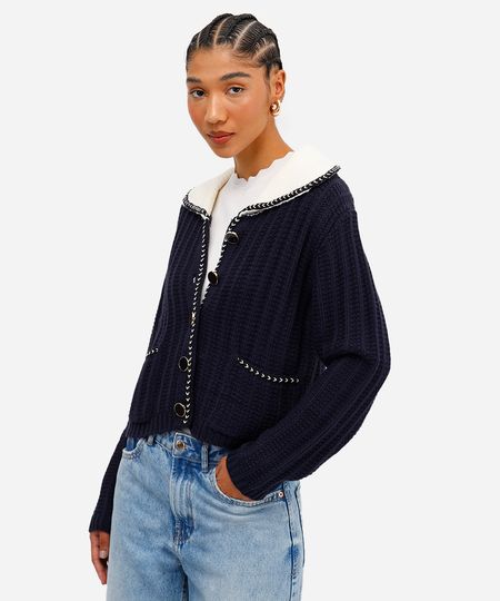cardigan feminino de tricot com bolsos azul PP