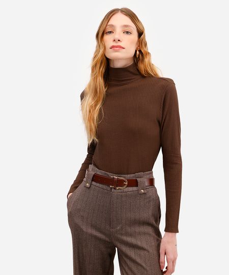 blusa feminina de malha canelada manga longa gola alta marrom P