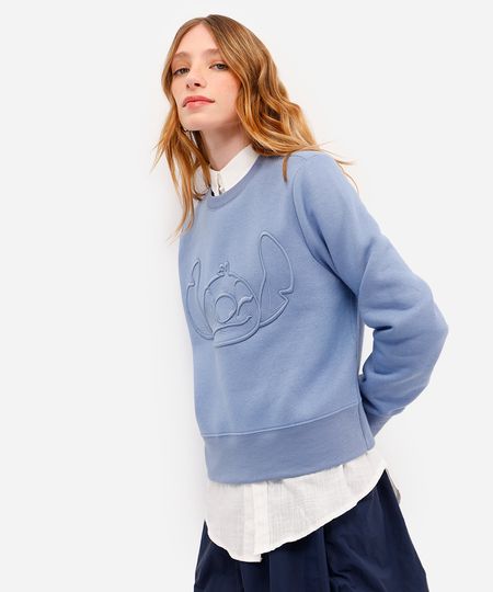 blusão feminino de moletom felpado cropped stitch azul PP