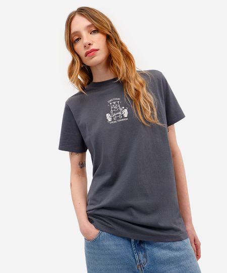 camiseta feminina de algodão estampada cinza P