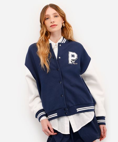 jaqueta bomber feminina de moletom felpado bordado snoopy azul P