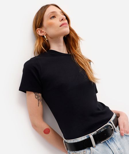 camiseta baby look feminina de algodão básica preta P