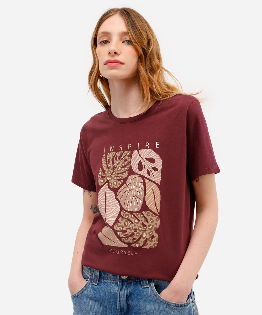 camiseta feminina de algodão folhagens metalizada vinho