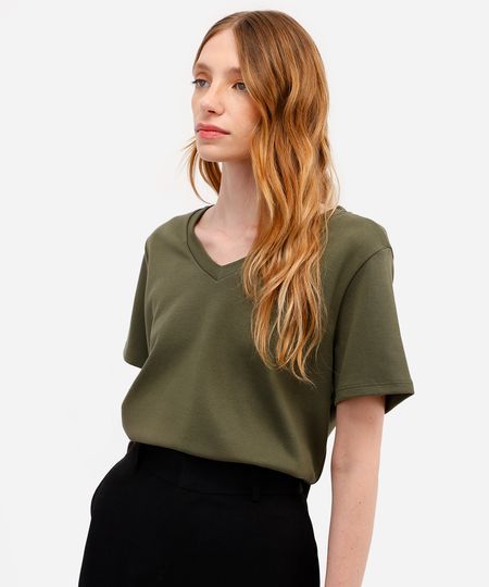 camiseta básica feminina de algodão decote v verde PP