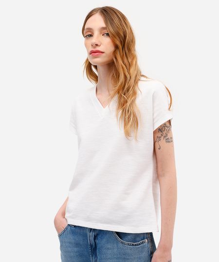 blusa básica feminina de algodão decote v off white G