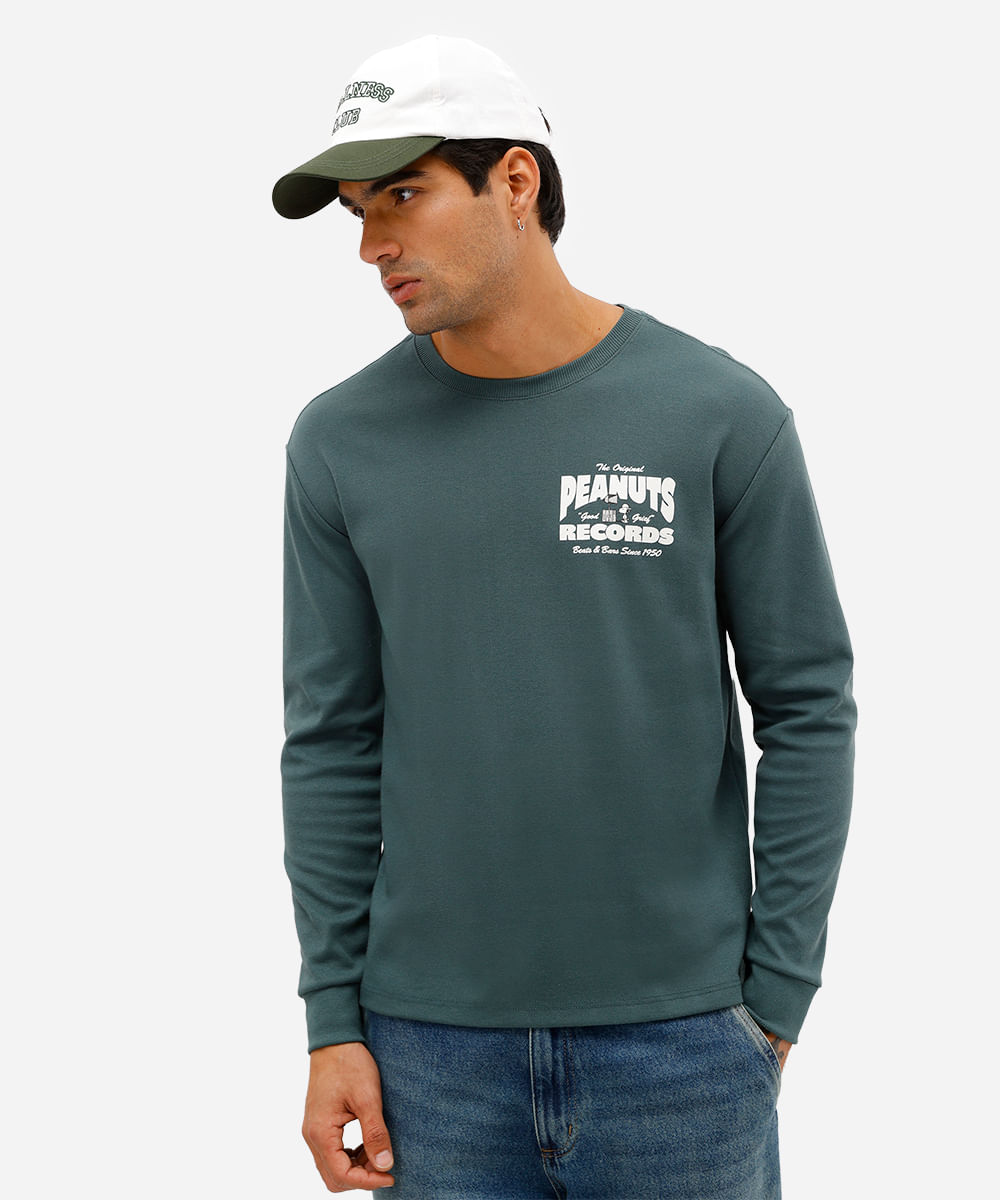 camiseta masculina manga longa snoopy verde