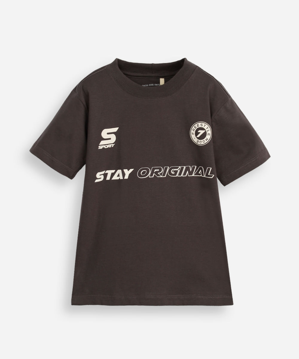 camiseta infantil de algodão estampada cinza