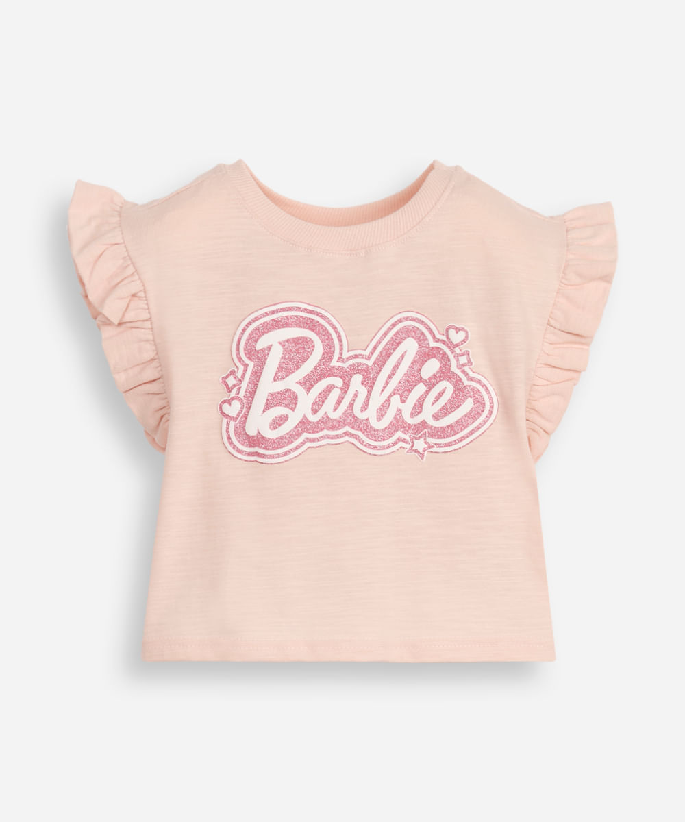 blusa infantil de algodão barbie com glitter rosa