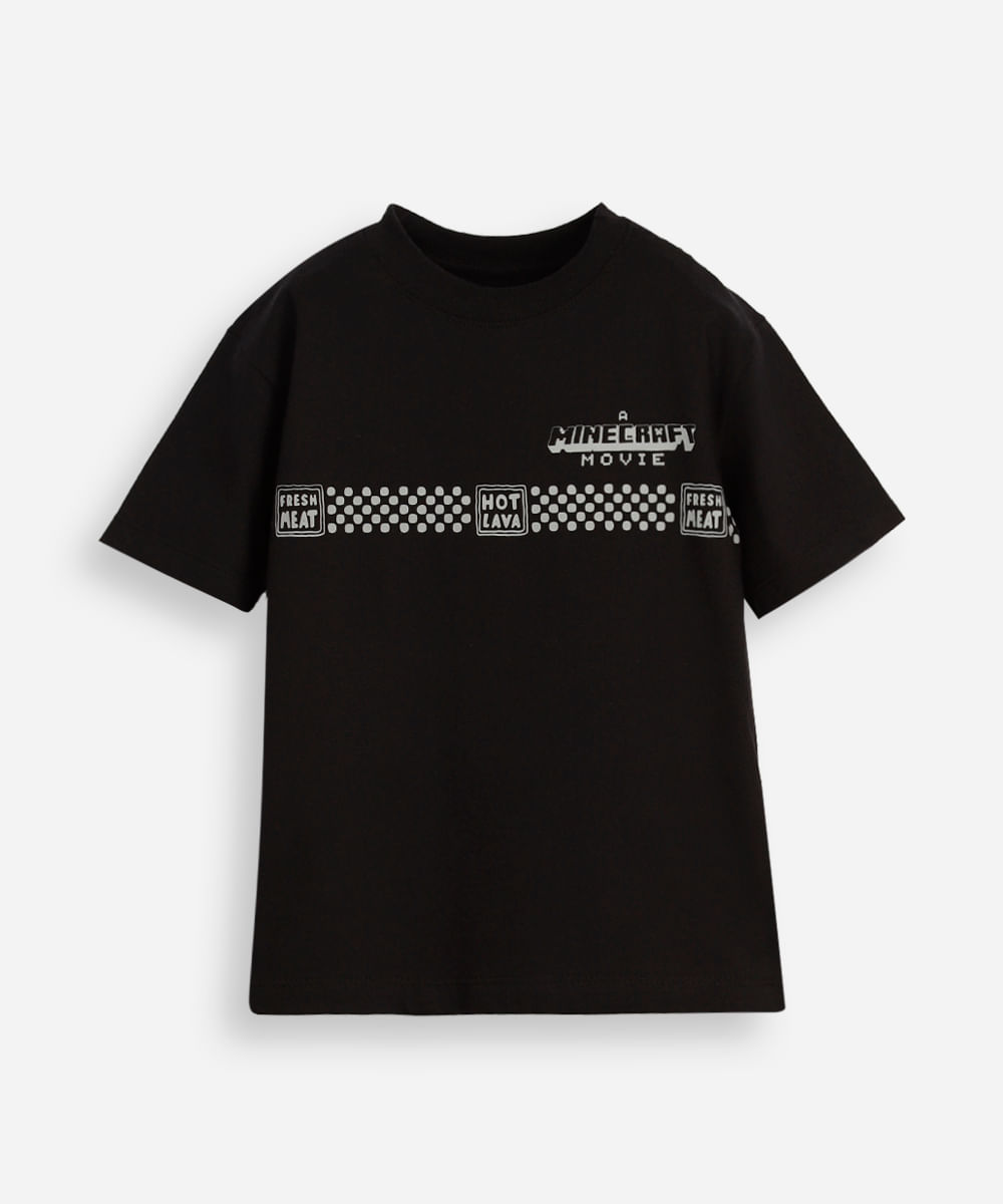 camiseta infantil de algodão minecraft preta