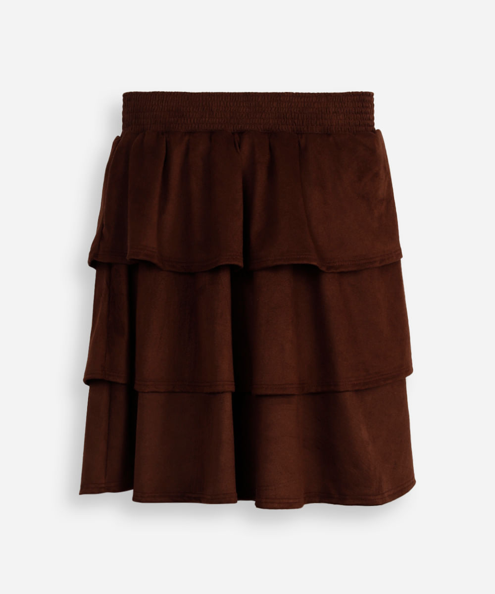 saia curta juvenil de suede com babados marrom