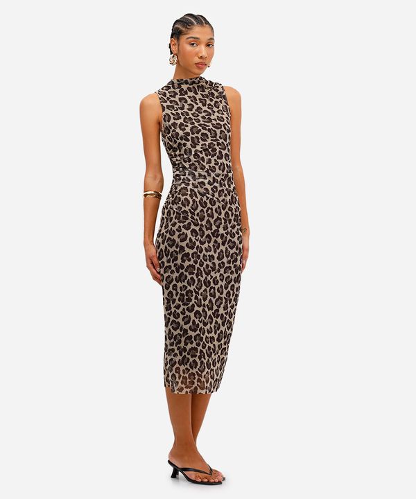 vestido midi feminino de tule animal print franzido bege G