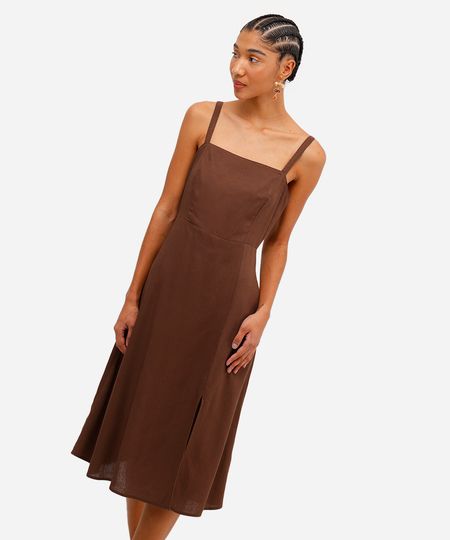 vestido midi feminino com linho decote quadrado marrom M