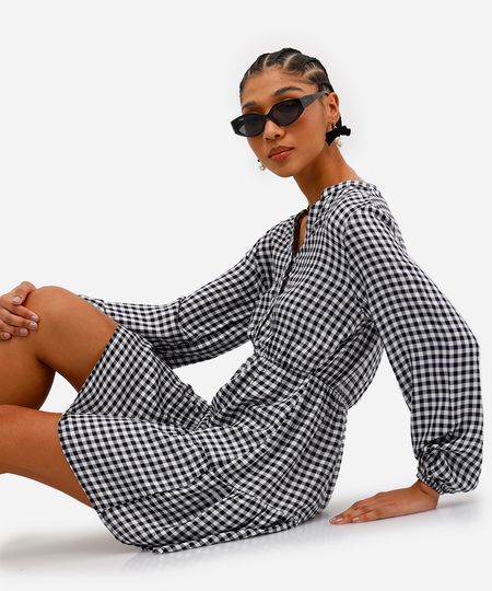 vestido curto feminino de viscose xadrez preto M vestido curto feminino de viscose xadrez preto M