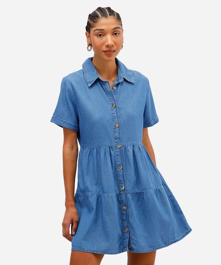vestido chemise feminino jeans com recortes azul G