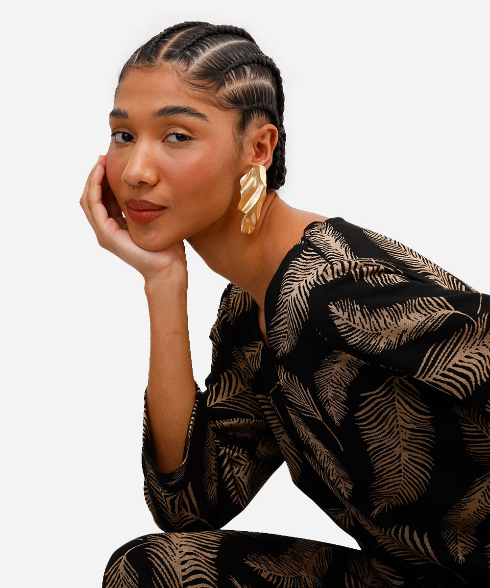 blusa feminina de jacquard decote v folhagens preta