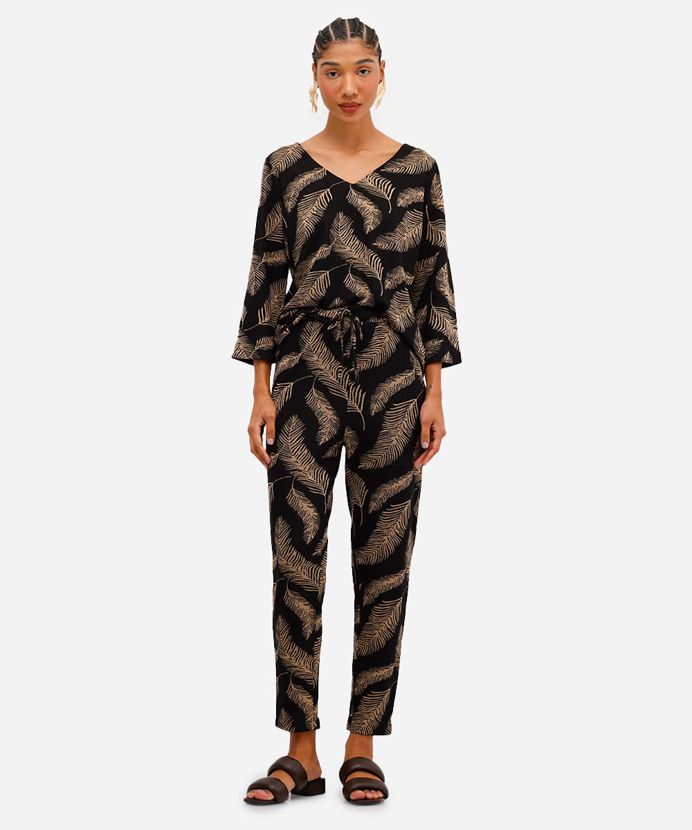 calça feminina de jacquard folhagens preta